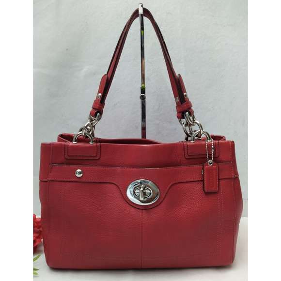 Coach Red Pebbled Leather Turn Lock Double Handles Satchel Shoulder Bag - Picture 1 of 16
